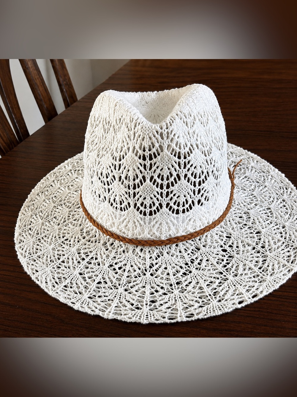 Horseshoe Lace Knit Panama Hat with Suede Cord -White - Picture 2 of 4